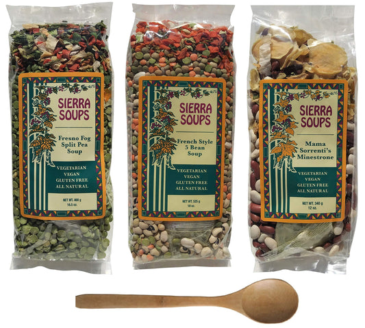 Sierra Soups Healthy, Hearty, All Natural and Gluten Free Soups - 3 Pack Assortment: Fresno Fog Split Pea, French Style 5 Bean & Mama Sorrenti’s Minestrone. Includes Soup Spoon