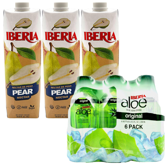 Iberia Pear Nectar, 33.8 Fl Oz (Pack of 3) + Iberia Aloe Vera Drink with Pulp 9.5 fl oz, Original (Pack of 6)