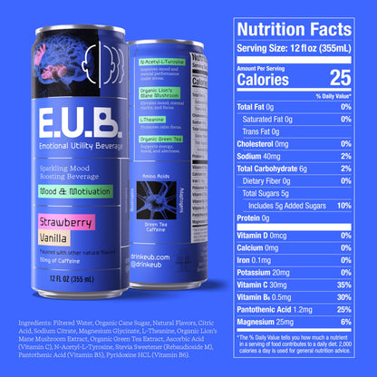 E.U.B. Strawberry Vanilla Sparkling Functional Beverage, 12oz Can, 50mg Caffeine, 25 Calories, with Nootropics & Adaptogens for Mood & Energy Support