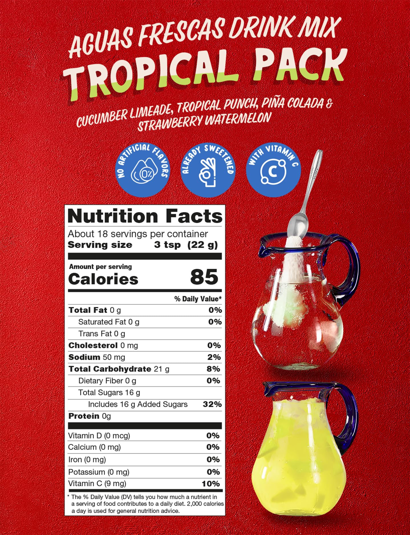 Klass Aguas Frescas Drink Mix Variety Pack - Pina Colada, Cucumber Limeade, Tropical Punch & Strawberry Watermelon - Powder Drink Mix, Water Drink Mix with Natural Flavors & Vitamin C, Makes 28 to 36 Quarts (56 to 72 Drinks)