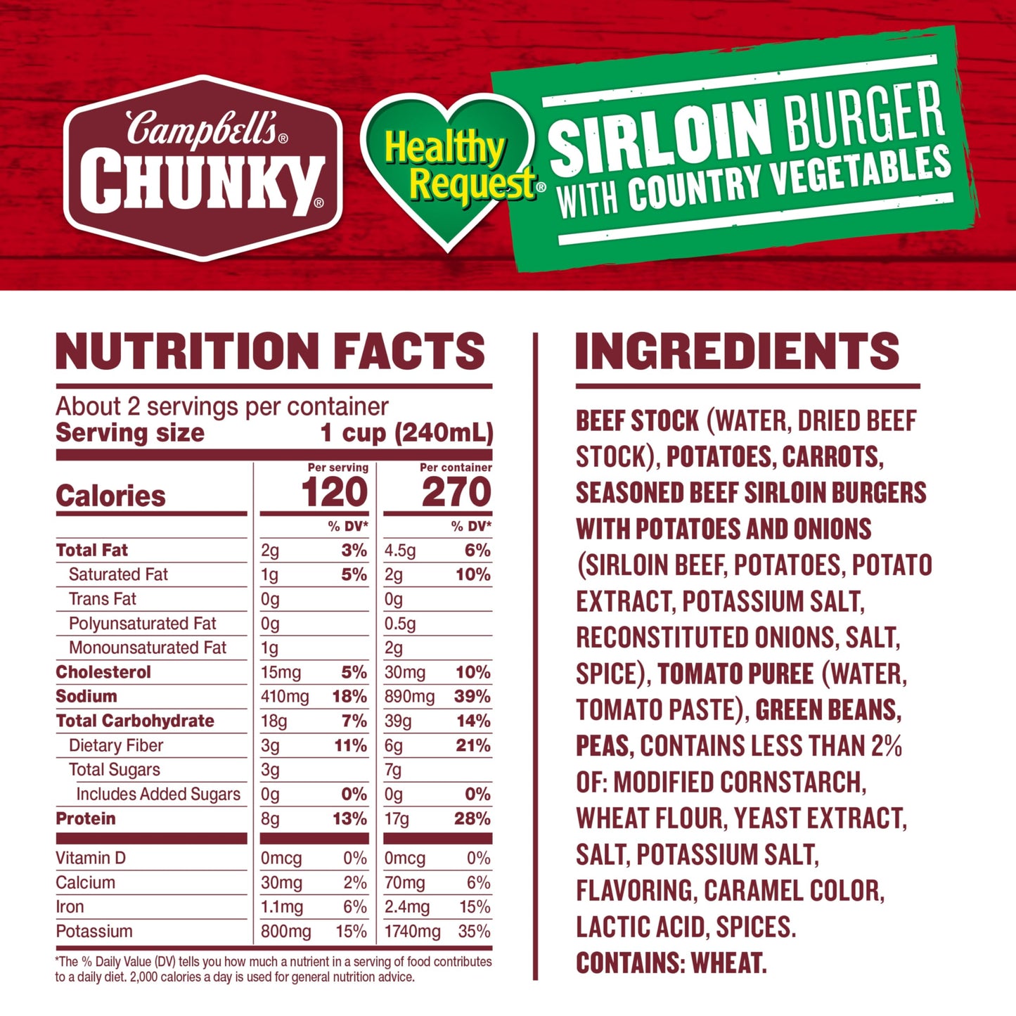 Campbell's Chunky Healthy Request Sirloin Burger With Country Vegetables Beef Soup, 18.8 oz Can