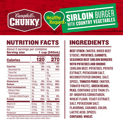 Campbell's Chunky Healthy Request Sirloin Burger With Country Vegetables Beef Soup, 18.8 oz Can