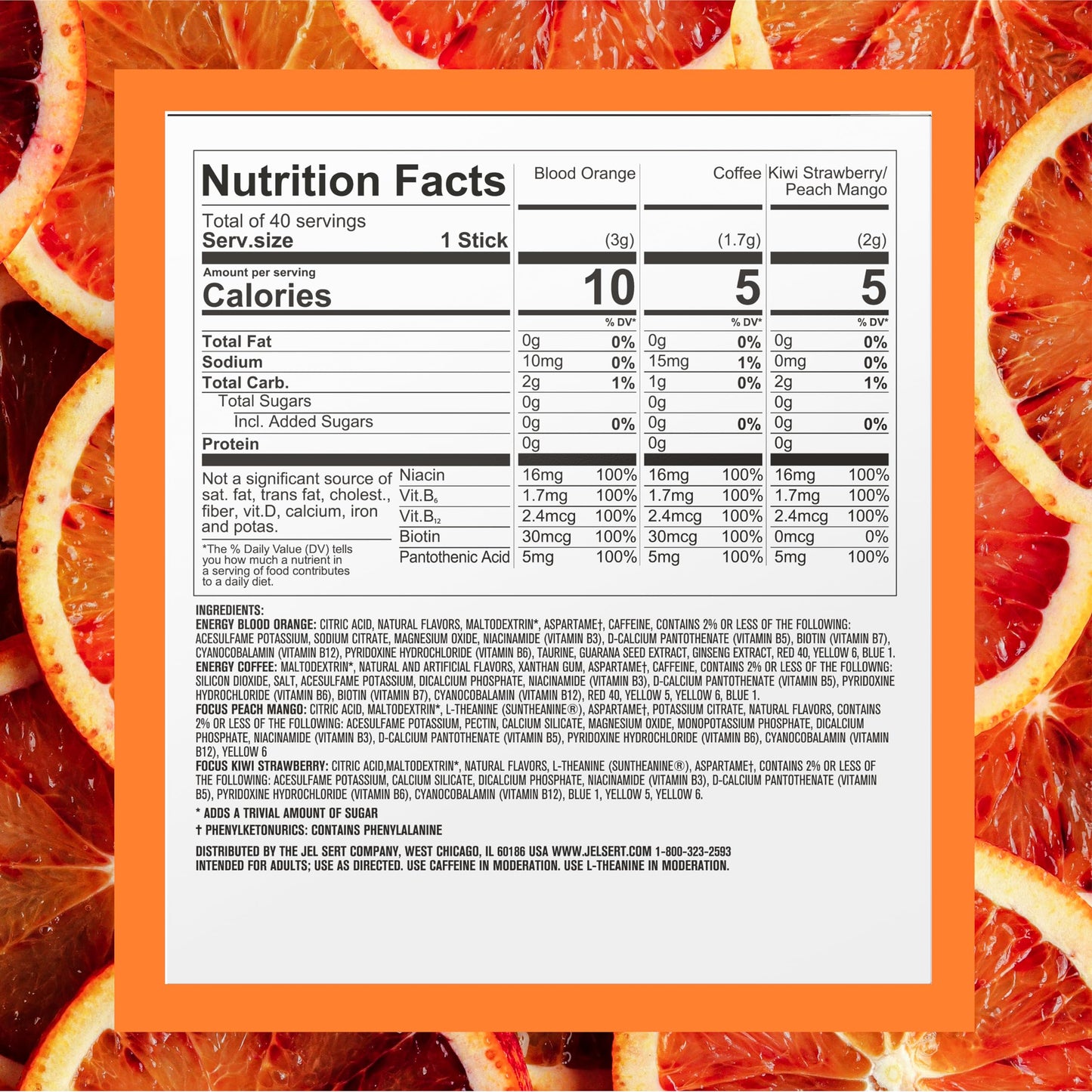 PURE KICK Energy and Focus Singles To Go Drink Mix Variety Pack,Blood Orange, Coffee, Strawberry Kiwi and Peach Mango, 40 Count (Pack - 1)