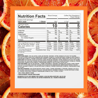 PURE KICK Energy and Focus Singles To Go Drink Mix Variety Pack,Blood Orange, Coffee, Strawberry Kiwi and Peach Mango, 40 Count (Pack - 1)