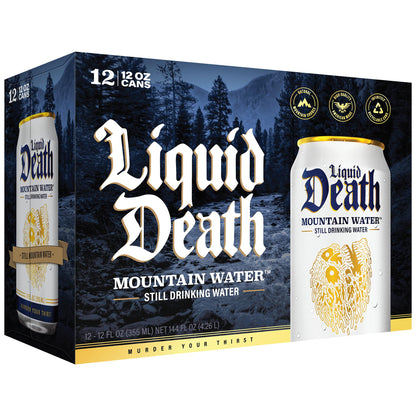 Liquid Death Still Mountain Water, Real Mountain Source, Ice-Cold Cans, Infinitely Recyclable, 12 Fl Oz (Pack of 12)