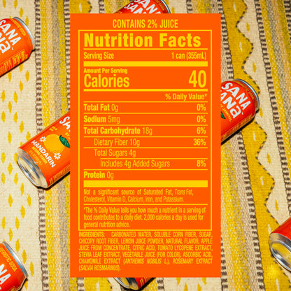 Sana Sana by Jarritos - Mexican Prebiotic Soda Soft Drinks, Mandarin (12 oz, 355ml) 12 Cans - 40 Calories, 10g of Fiber - Low Sugar - Natural Flavor Soda Pop