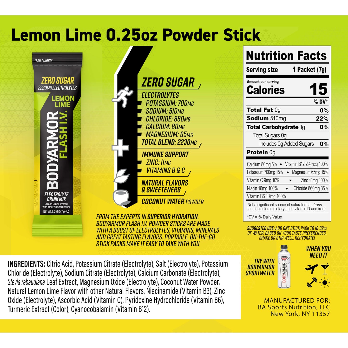 BODYARMOR Flash IV Electrolyte Packets, Lemon Lime - Zero Sugar Drink Mix, Single Serve Packs, Coconut Water Powder (15 Count)