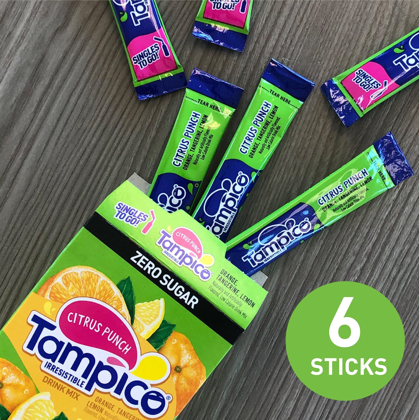 Tampico Singles To Go Drink Mix Packets, Citrus Punch, 6-Count Box – Zero Sugar, Low Calorie Powdered Drink Packets, 100% DV of Vitamin C per Serving, Convenient, On-The-Go Water Enhancers (Pack of 3)