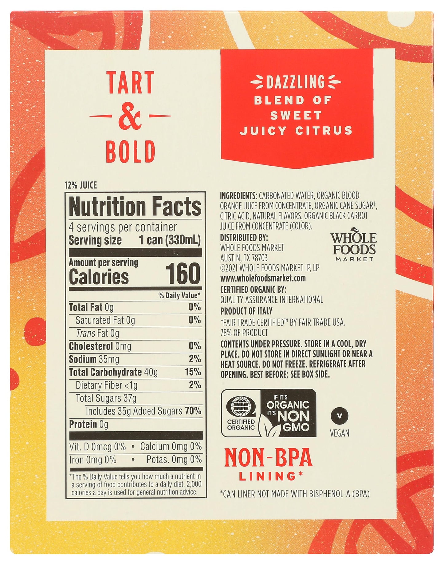 Whole Foods Market Blood Orange Italian Soda, 11.2 Fl Oz, 4 Pack | 4 Pack, Organic
