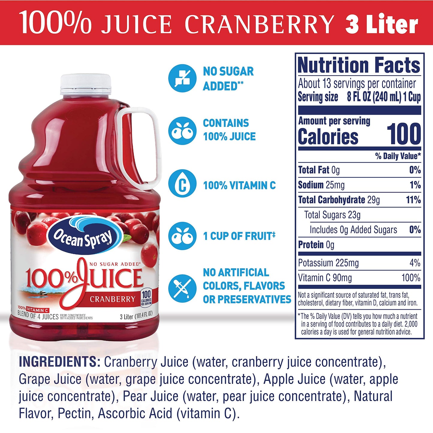 Ocean Spray® 100% Juice Cranberry Juice Blend, 101.4 Fl Oz Bottle