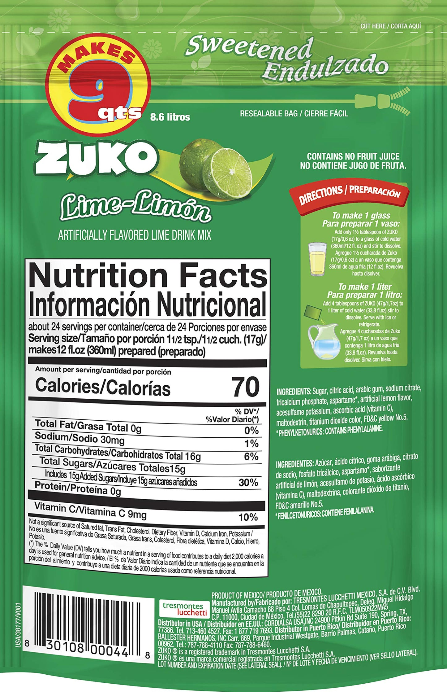 Zuko Lime Instant Powder Drink Family Pack, 14.1 oz, Pack of 6
