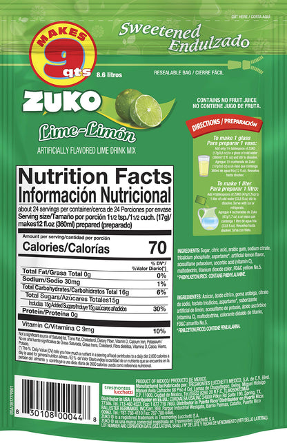 Zuko Lime Instant Powder Drink Family Pack, 14.1 oz, Pack of 6