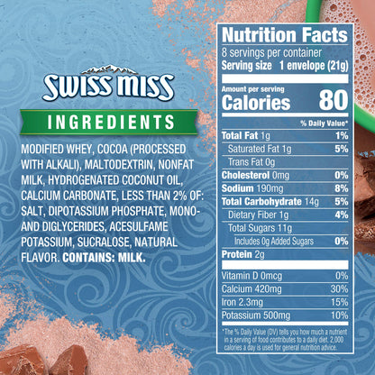 Swiss Miss Milk Chocolate Flavored No Sugar Added Hot Cocoa Mix, Hot Cocoa Bar Supplies, Powder, 0.73 oz., 8-Count Envelopes (12 Boxes)