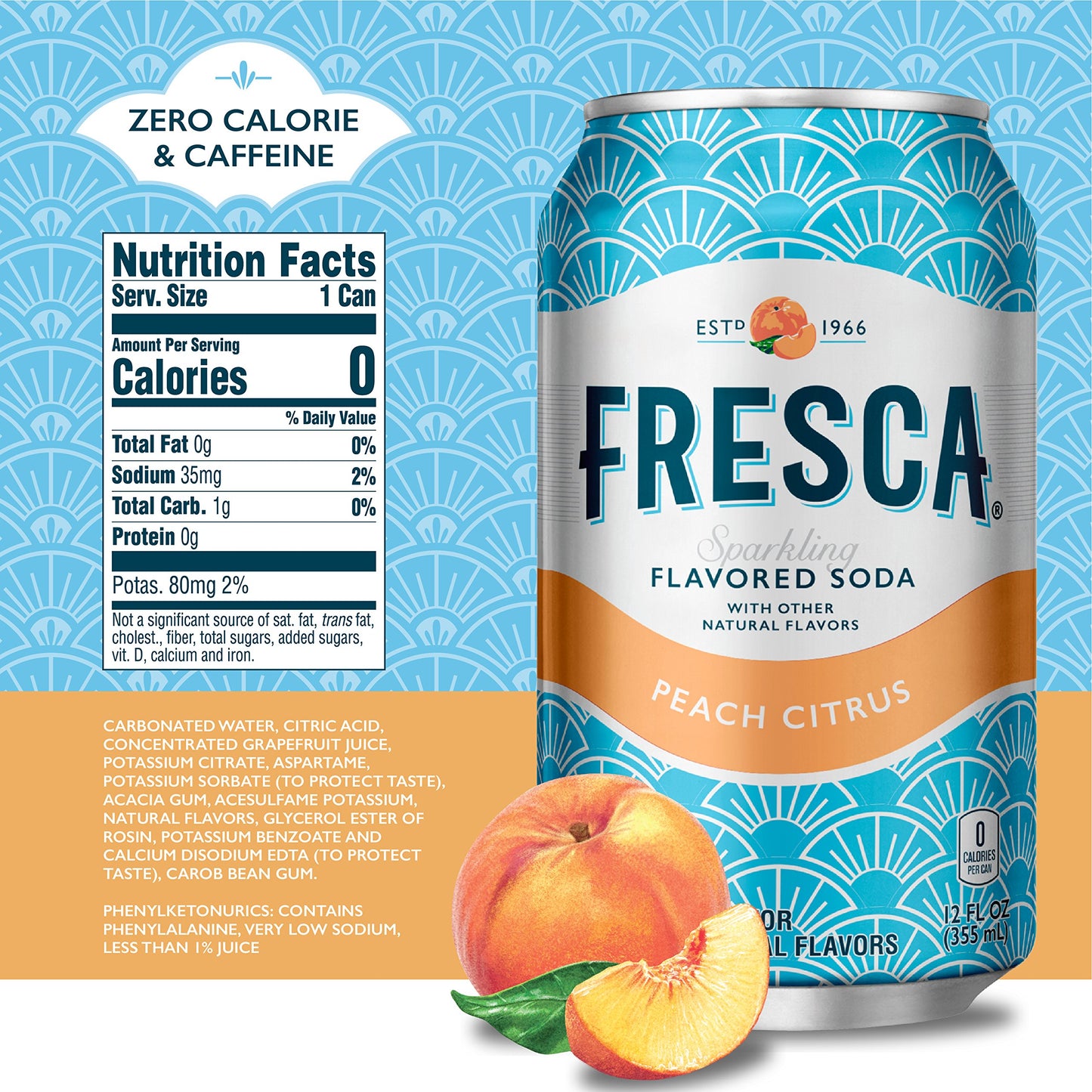 Fresca Peach Soda Sparkling Flavored Soft Drink Zero Calorie and Sugar Free, 12 fl oz, 12 Pack