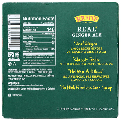 Reeds Ginger Brew, Soda Real Ginger Ale, 12 Fl Oz, 4 Pack