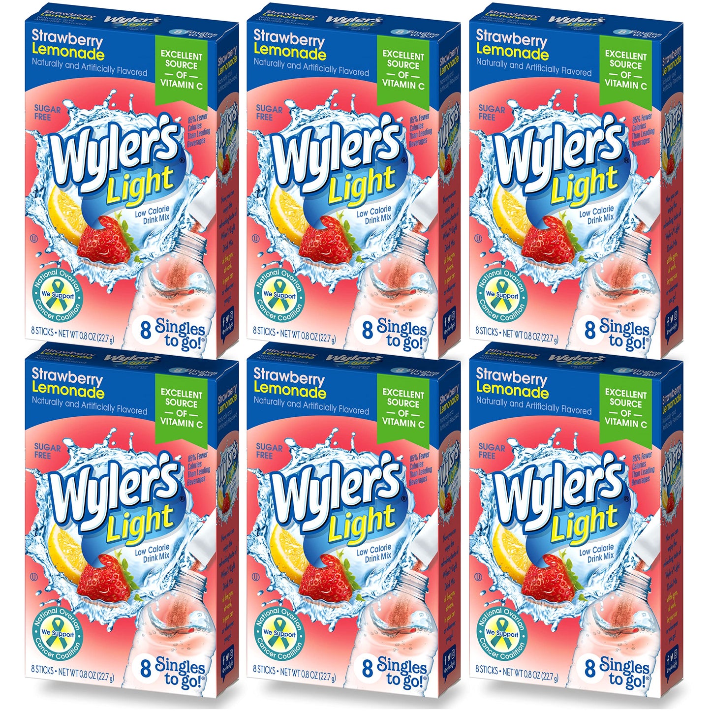 Wyler's Light Singles To Go Drink Mix, Strawberry Lemonade, 6 Pack (48 Drink Sticks Total)